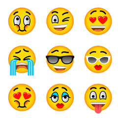 Smiley face flat vector icons set. Emoji emoticons. Facial emotions and expression symbols. Cute cartoon illustrations of mood and reactions for text chat and web messenger. Yellow ball character