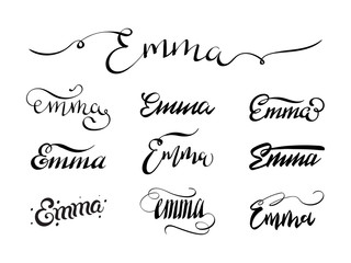 Personal name Emma. Vector handwritten calligraphy tattoo design set