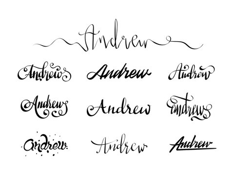 Personal name Andrew. Vector handwritten calligraphy tattoo design set