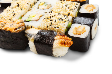 Set of sushi, maki and rolls isolated at white