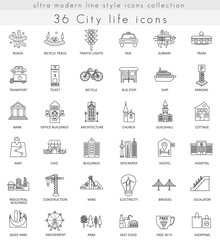 Vector Modern City life ultra modern outline line icons for web and apps.