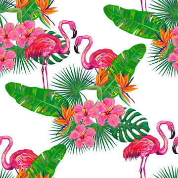 Seamless summer tropical pattern with flamingo, palm leaves and flowers vector background. Perfect for wallpapers, pattern fills, web page backgrounds, surface textures, textile
