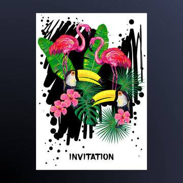 Invitation with pink flamingo, toucan bird, tropical exotic flowers and leaves. Tropical Floral Frame. Background with tropical birds. Tropical birds poster