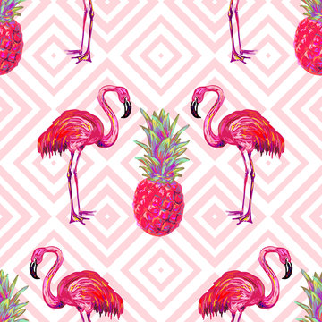 Seamless summer tropical pattern with flamingo and pineapple vector background. Perfect for wallpapers, pattern fills, web page backgrounds, surface textures, textile