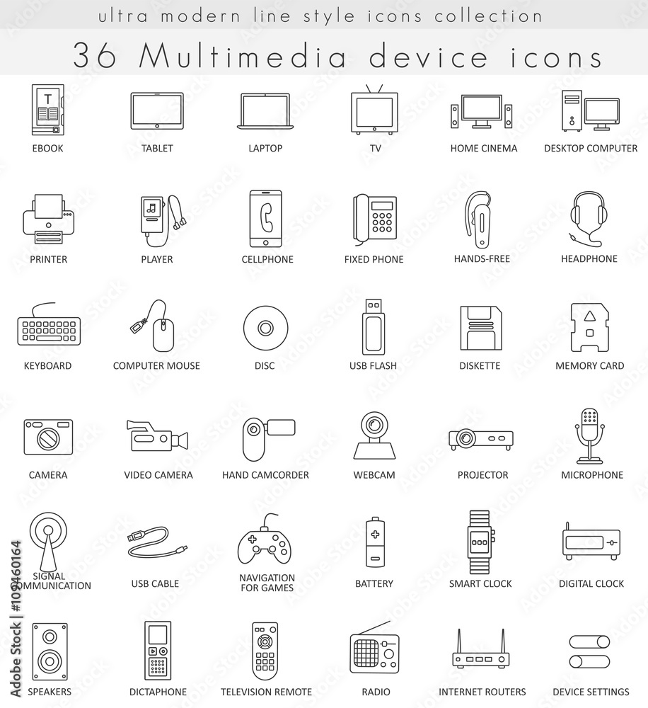 Poster vector multimedia devices ultra modern outline line icons for web and apps.