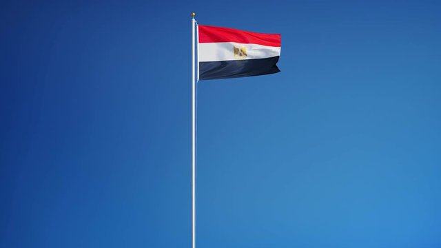 Egypt flag waving in slow motion against clean blue sky, seamlessly looped, long shot, isolated on alpha channel with black and white luminance matte, perfect for film, news, digital composition