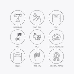 Winner cup and award icons. Race flag signs.