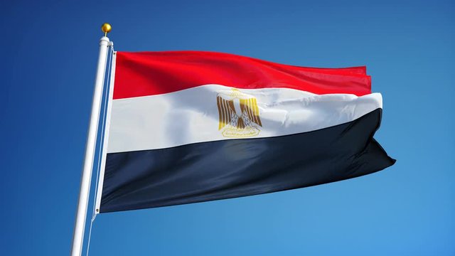 Egypt flag waving in slow motion against clean blue sky, seamlessly looped, close up, isolated on alpha channel with black and white luminance matte, perfect for film, news, digital composition