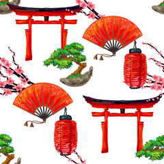 Fototapety  Japoński wzór z japońskim wentylatorem ręcznie, japońska latarnia, drzewo bonsai, brama Torii i sakura tło wektor kwiat wiśni tapeta, wzór wypełnienia strony internetowej, chropowatości powierzchni, tekstylne