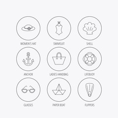 Paper boat, shell and swimsuit icons.