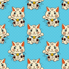 Happy Japanese cat Maneki-neko flowered.