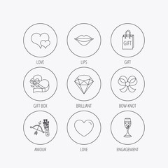 Love heart, brilliant and engagement ring icons.