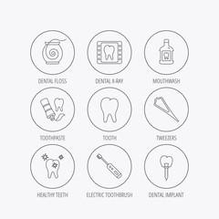 Dental floss, tooth and implant icons. Mouthwash.