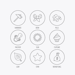 Money bag, star and bow icons. Leaf, pacifier.