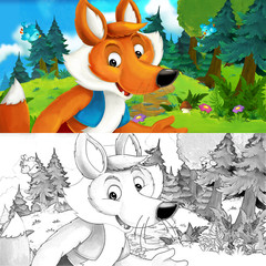 Cartoon scene of a happy fox standing and watching - with coloring page - illustration for children