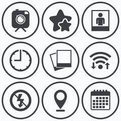 Photo camera icon. No flash light sign.