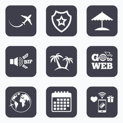 Fototapeta na wymiar Travel trip icon. Airplane, world globe symbols.