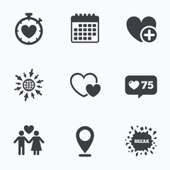 Valentine day icons. Love heart timer sign.