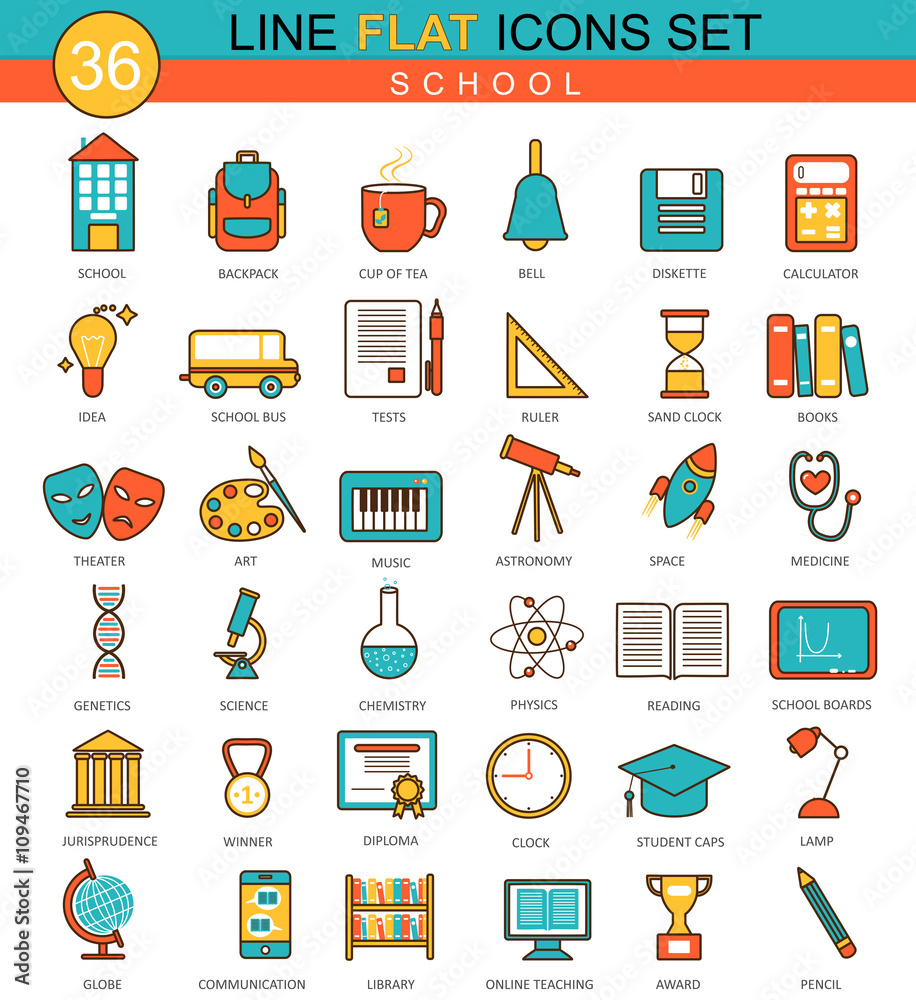 Aufkleber vector school flat line icon set. modern elegant style design for web.