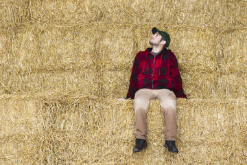 Naklejka na ściany i meble man sitting on hay