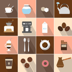 Flat design coffee icons set. Flat illustrations of icons on coffee subjects. Coffee preparation, icons collection. Having a snack or break, breakfast