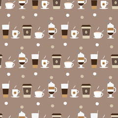Coffee cups icons seamless pattern. Illustration of cappuccino, irish coffee in a glass, coffee in a paper cup, macchiato, latte in a tall glass.