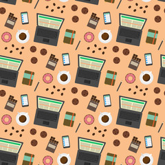 Coffee break seamless pattern. Top view. Flat illustrations of coffee delicacy and working tools for creative people. Business concept for freelance and outsource work during a coffee break.