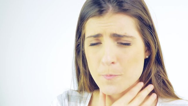 Woman with throat problem ill isolated 4K closeup