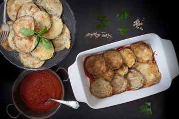 Baking Pan With Fried Eggplant Slices