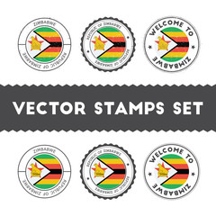 Zimbabwean flag rubber stamps set. National flags grunge stamps. Country round badges collection.