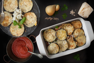 Fried Eggplant In Baking Pan With Parmigiana