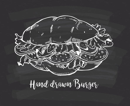 hand drawn burger on chalkboard background