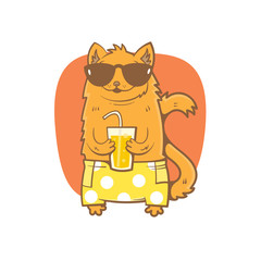 Card with cute cartoon cat in sunglasses and shorts. Cat drinking soda from a glass. Children's illustration. Vector image.