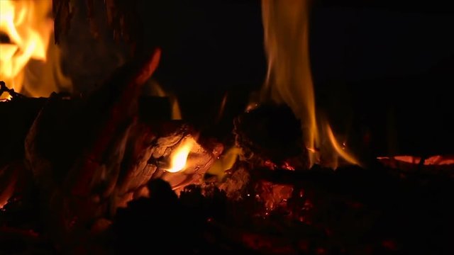 Closeup of campfire with burning log wood and twigs at night - Slow motion.