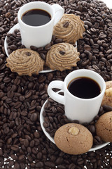 black coffee and beans with pastry