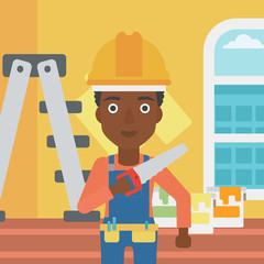 Smiling worker with saw.