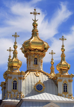 Orthodox church, Christianity,golden domes and crosses , blue sky background