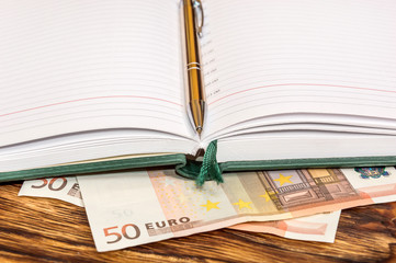 Opened notepad with pen on euro banknotes