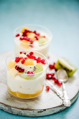 Tropical mousse dessert with pomegranate