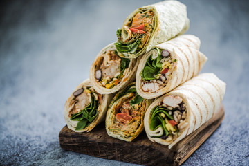 stack of mexican street food fajita wrap