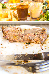 Dirty and empty steak dish with rib bone