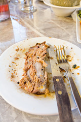 Dirty and empty steak dish with rib bone