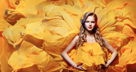 Fashion Model Young Woman, Girl Waving Fabric, yellow dress