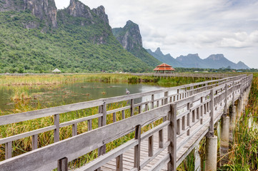 Wooden bridge and shelter in lotus lake name Bung Bua at Khao sam roi yod national park, Thailand. In cloudy day