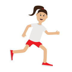 Fototapeta na wymiar Funny cartoon running girl Cute run woman Jogging lady Runner Fitness workout running female character Isolated White background. Flat design