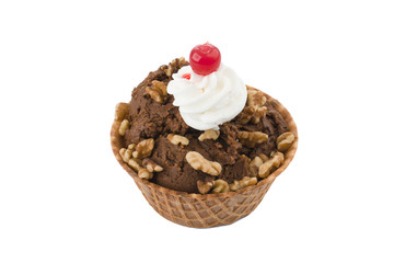 chocolate ice cream with cherry and cream toppings