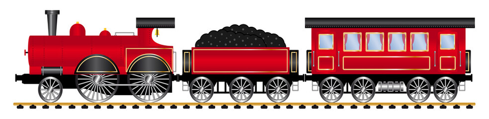 Red steam locomotive with wagons, vector illustration 