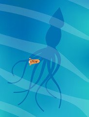 Small boat swimming above giant squid top view