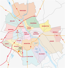 administrative and road map of capital poland, warsaw