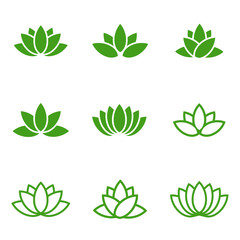 Vector green lotus icons set on white background.